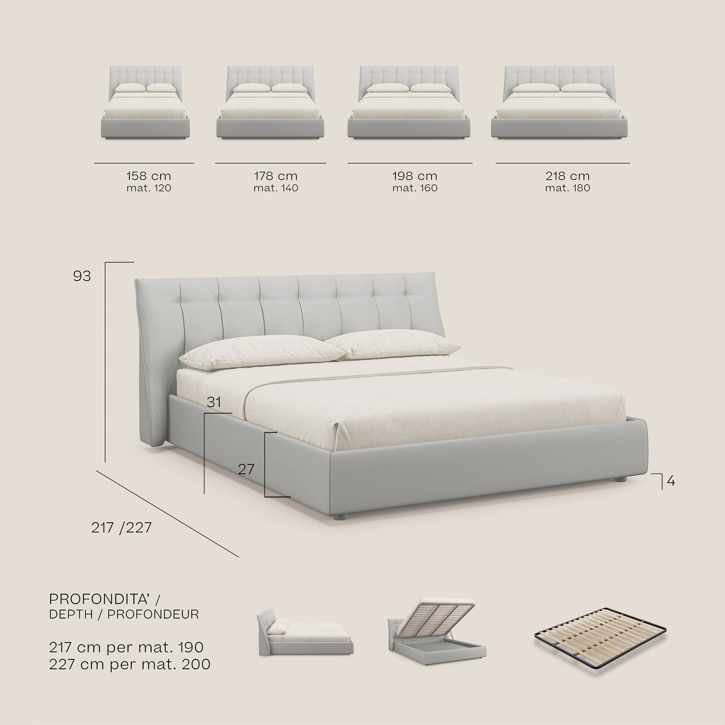 Clizia letto imbottito di design con vano contenitore in ecopelle impermeabile T04 grigio chiaro 