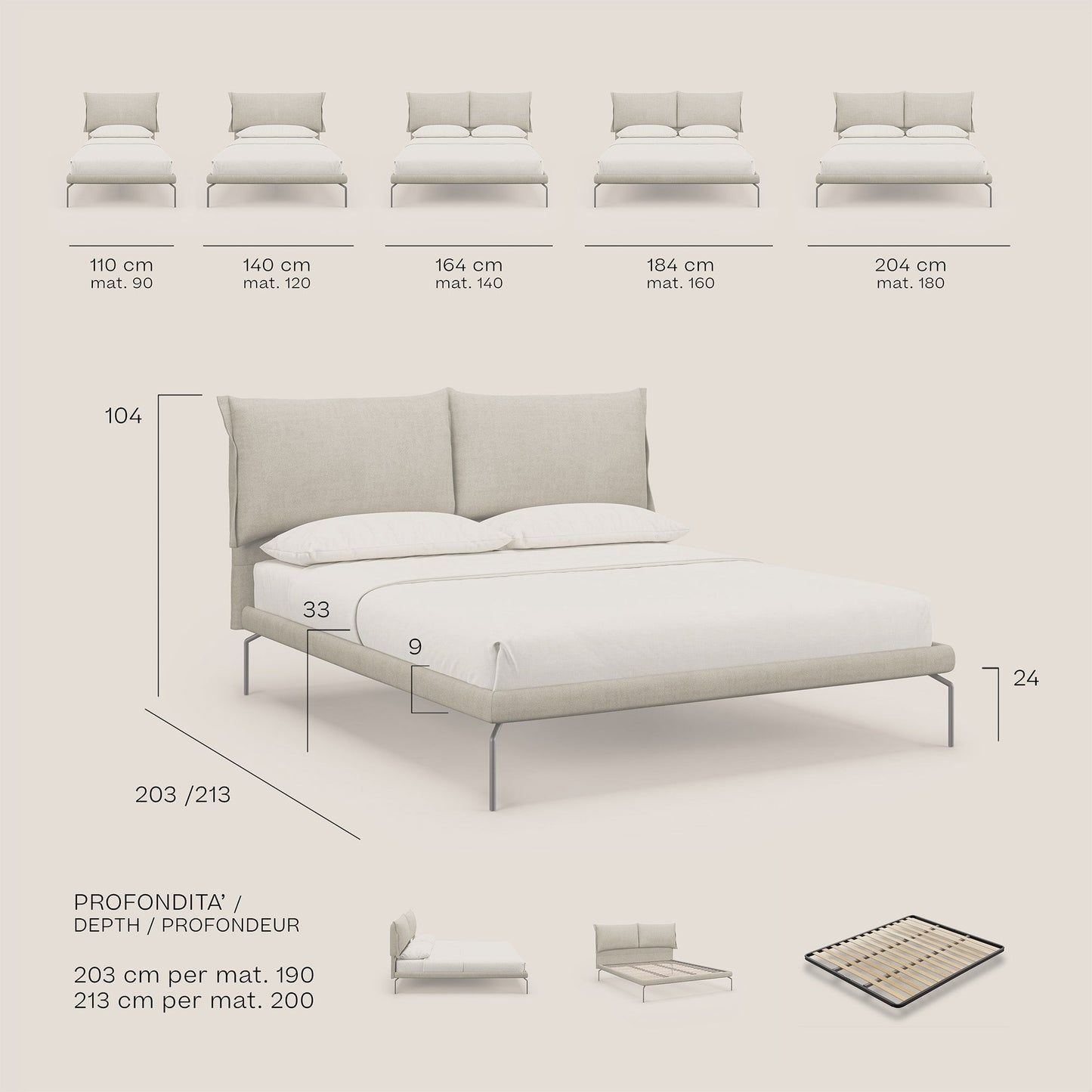 Bice letto imbottito con cuscini e piedi alti in metallo in tessuto impermeabile T02 beige 