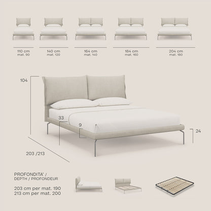 Bice letto imbottito con cuscini e piedi alti in metallo in tessuto impermeabile T02 grigio 