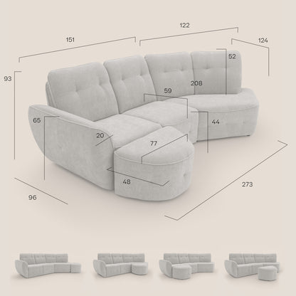 Cerbero divano angolare con pouf mobile in morbido bouclé impermeabile T07 azzurro