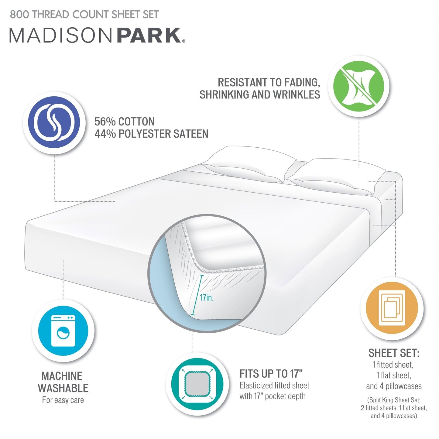 Madison Park 800 Thread Count Cotton Blend Sateen Sheet Set