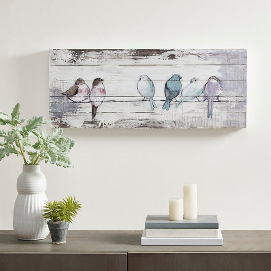 Madison Park Perched Birds Hand Painted Wood Plank Panel Wall Decor - White/Grey
