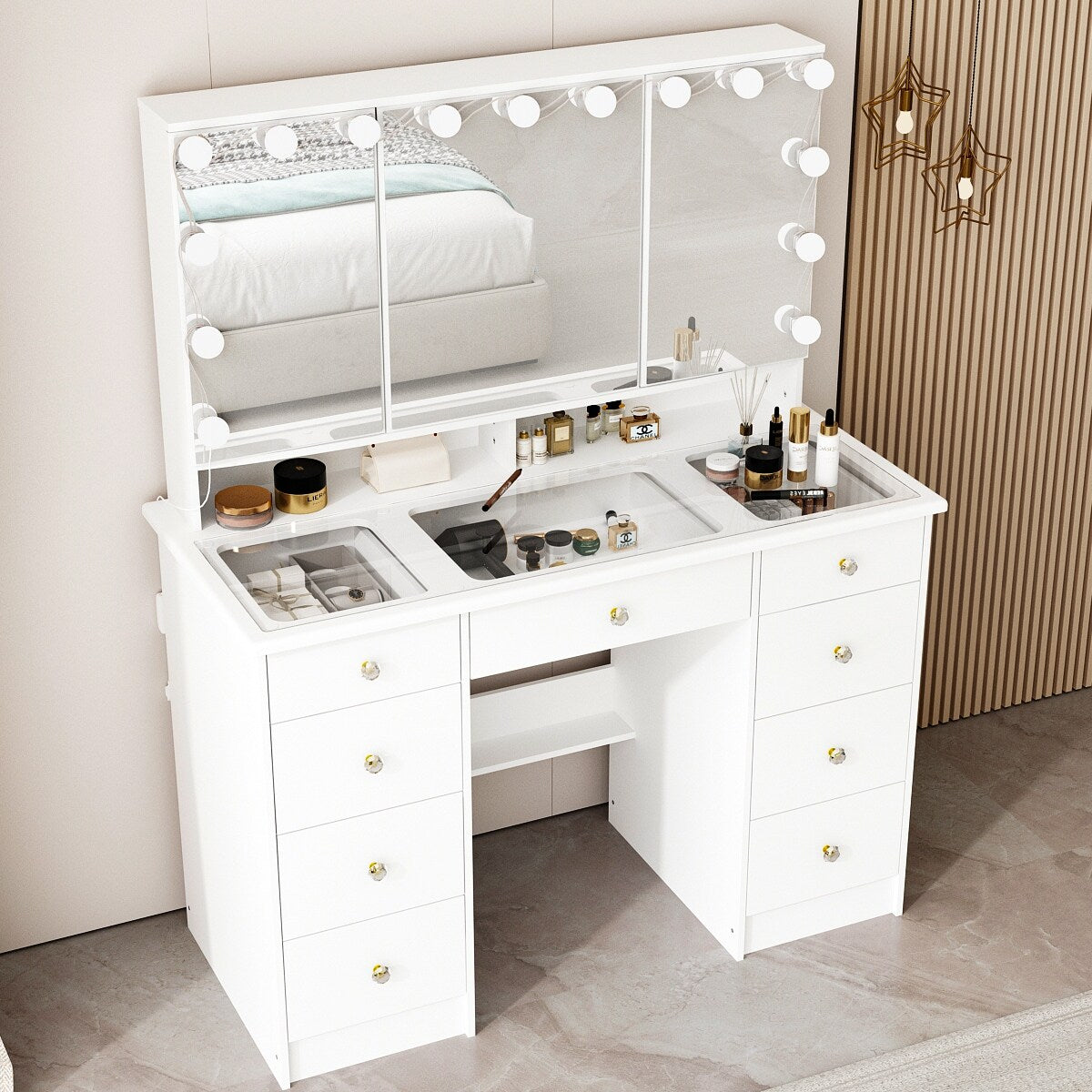 Makeup Vanity w/Tri-Fold Mirror Certified Lighting Glass Top Dresser