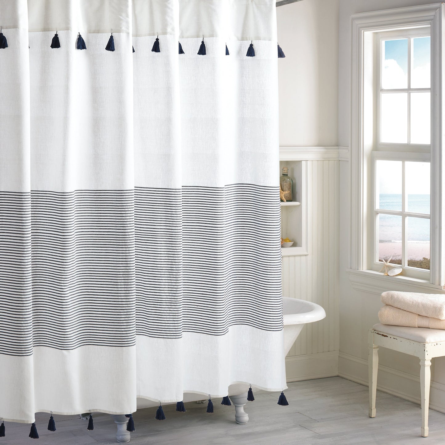 Porch & Den Onassis Modern Stripe Tassel Shower Curtain