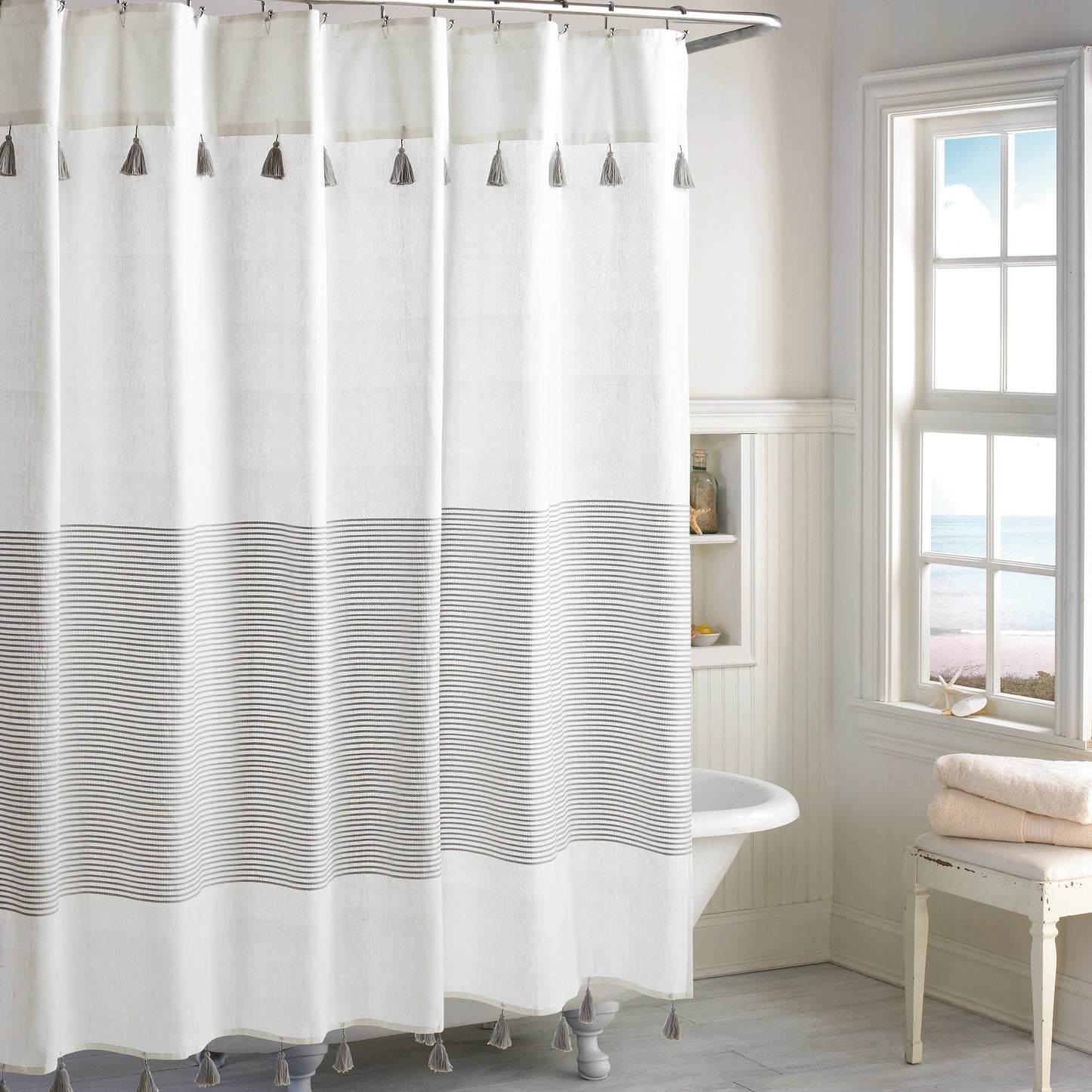 Porch & Den Onassis Modern Stripe Tassel Shower Curtain