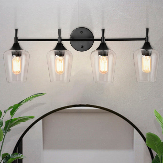 Matte Black 4-Light Modern Vanity Light with Clear Glass Shades