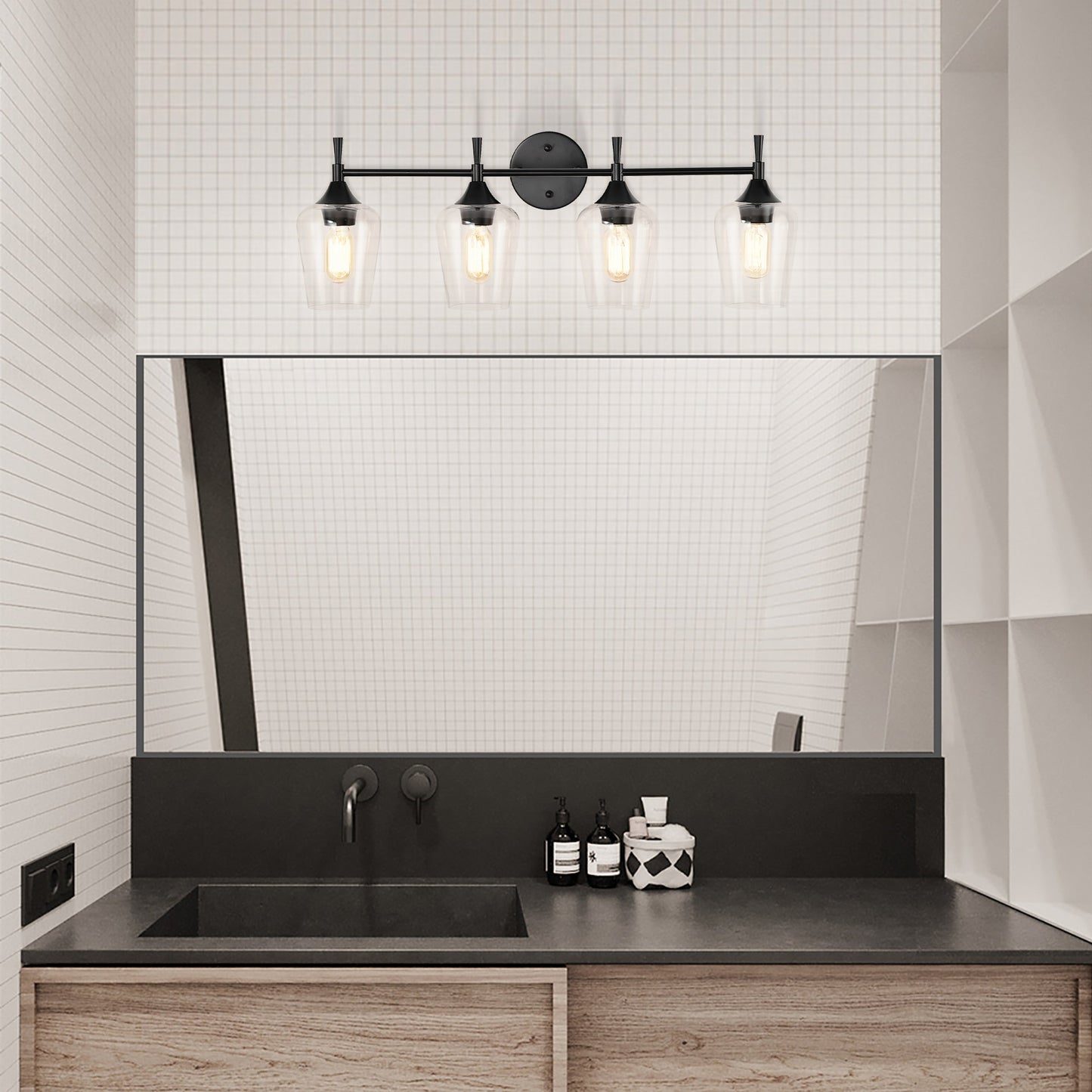 Matte Black 4-Light Modern Vanity Light with Clear Glass Shades