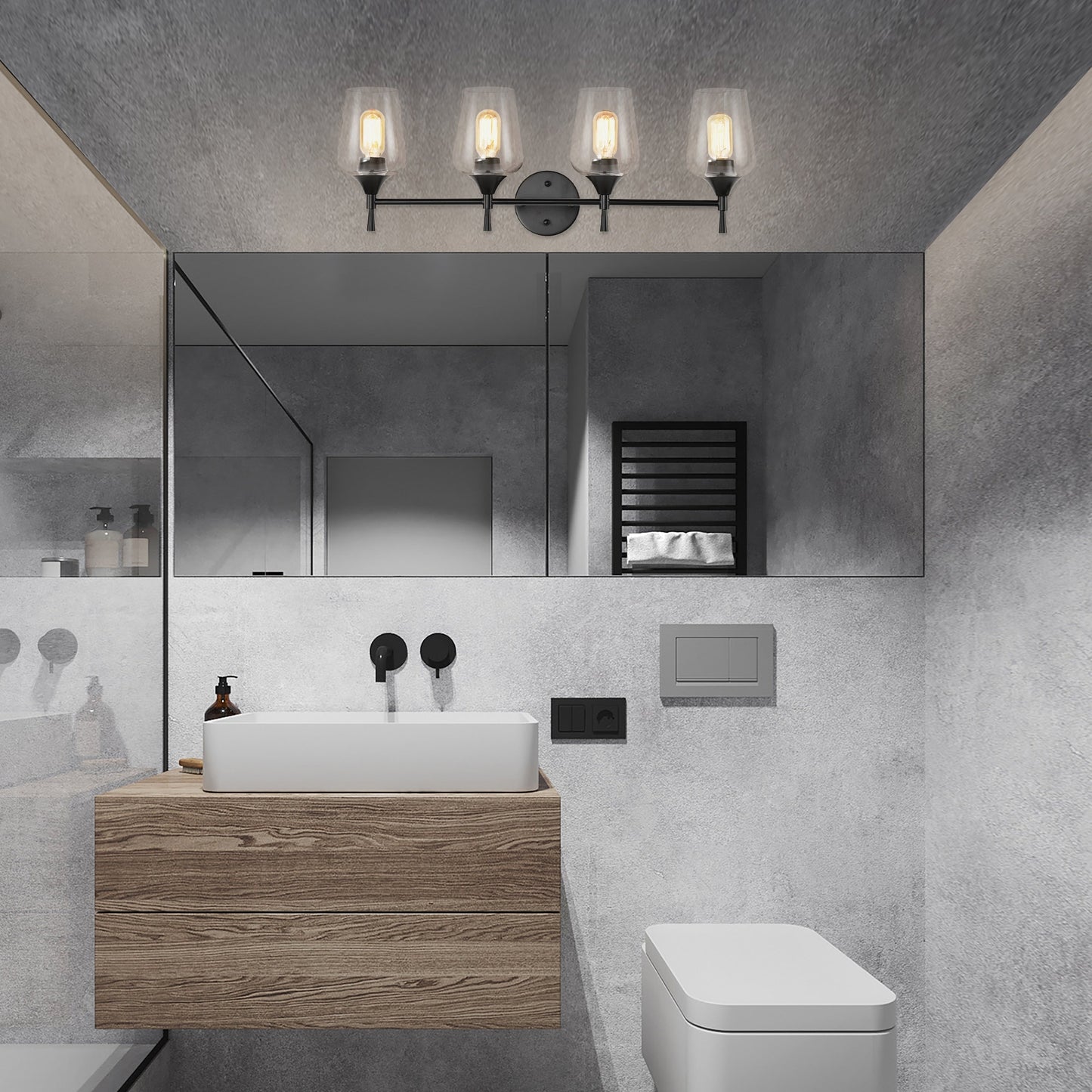 Matte Black 4-Light Modern Vanity Light with Clear Glass Shades