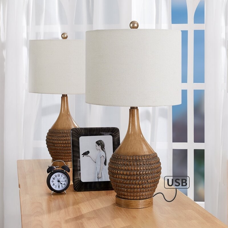 Maxax 24.75 Brown Table Lamp Set with USB (Set of 2)