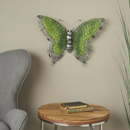 Metal Butterfly Indoor Outdoor Home Wall Decor - Silver, Green, Pink - Roche River Decor