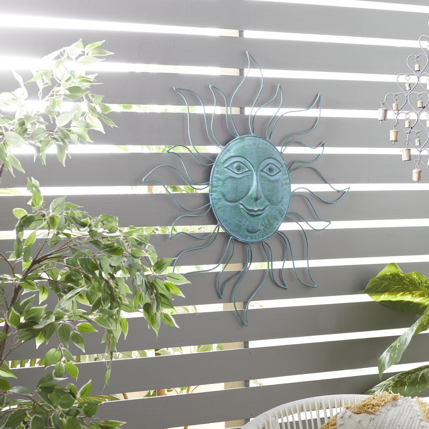 Metal Sun Indoor Outdoor Home Wall Decor with Wire Frame - Teal - Roche River Decor