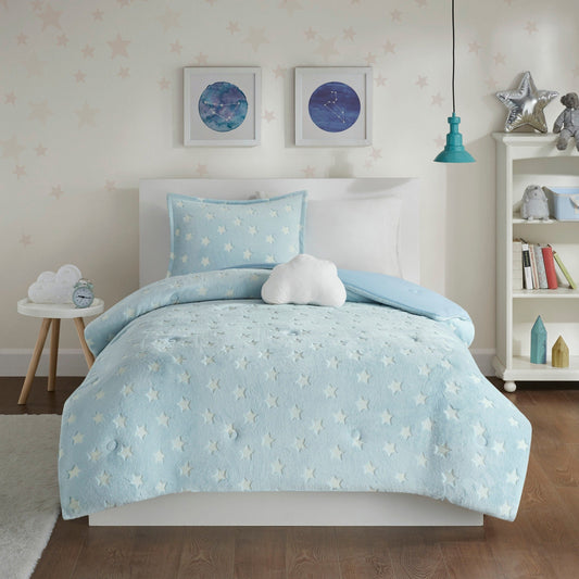 Avery Aqua Glow In The Dark Plush Comforter Set by Intelligent Design Kids
