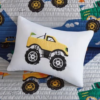 Intelligent Design Kids Gavin Monster Truck Reversible Quilt Set with Throw Pillow