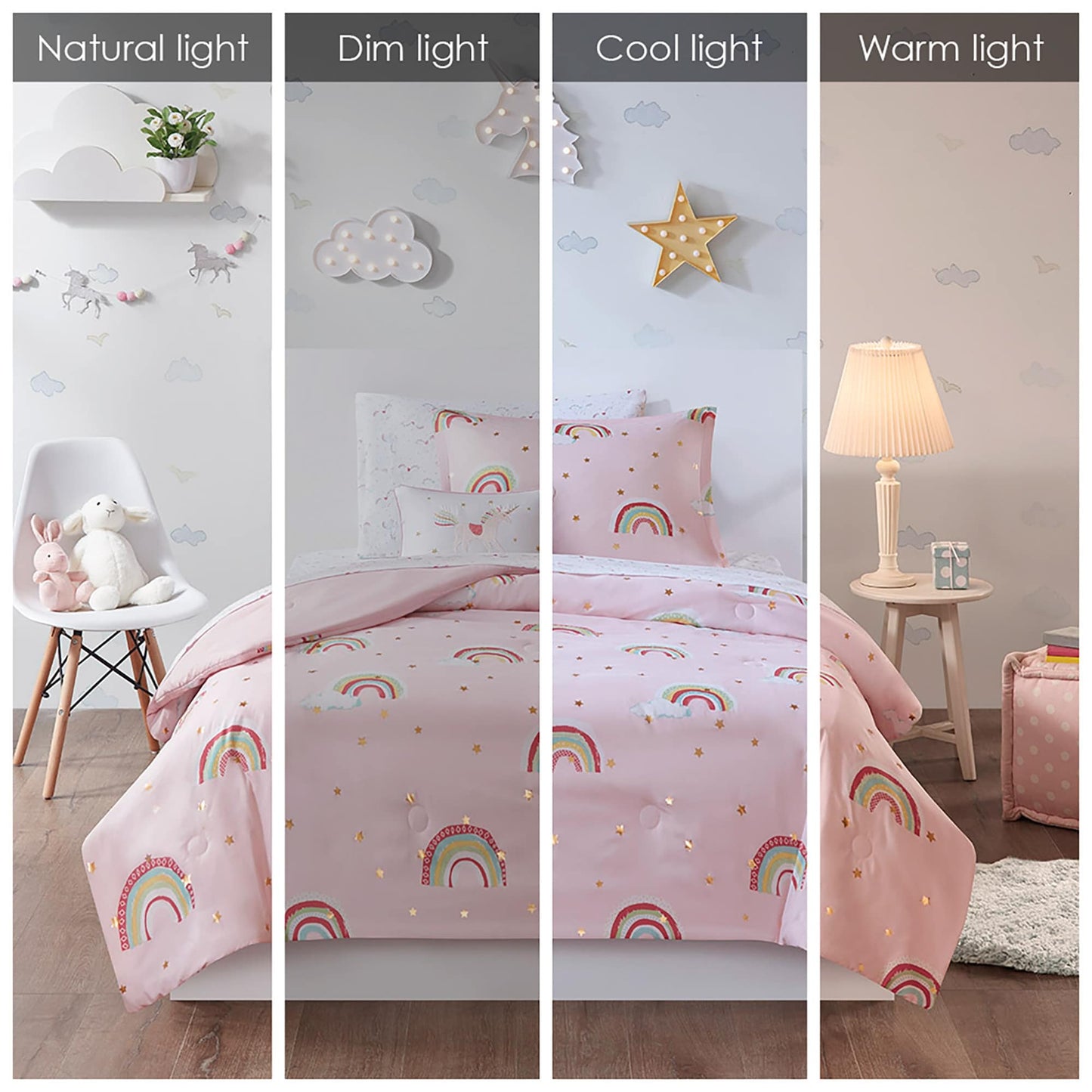 Intelligent Design Kids Mia Rainbow and Metallic Stars Comforter Set with Bed Sheets