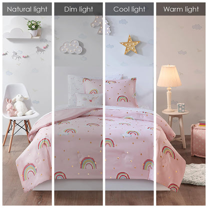 Intelligent Design Kids Mia Rainbow and Metallic Stars Comforter Set with Bed Sheets