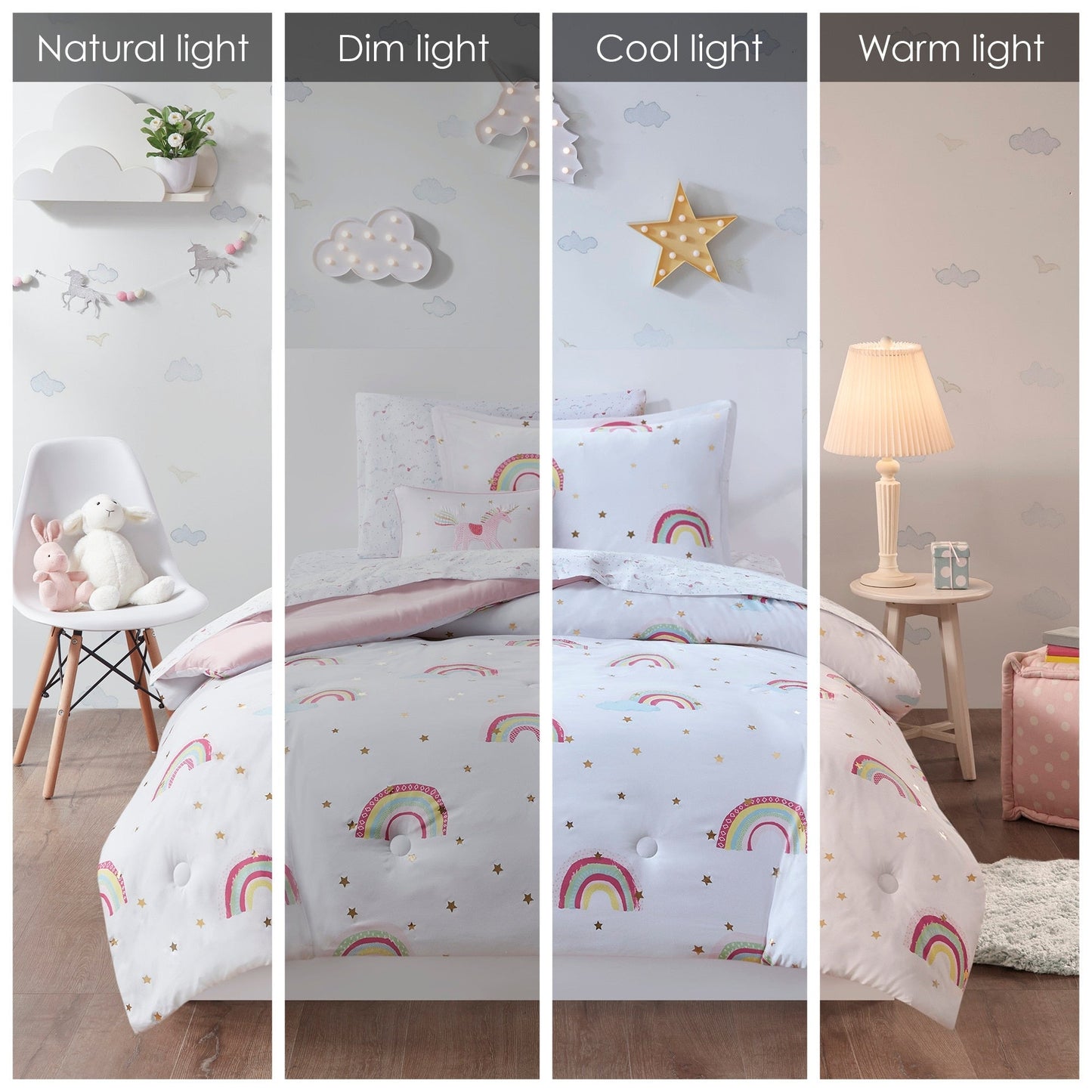 Intelligent Design Kids Mia Rainbow and Metallic Stars Comforter Set with Bed Sheets