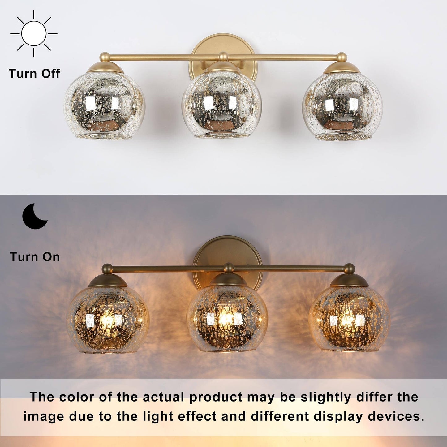 Mid-Century Modern Glam Gold Bathroom Vanity Light 3-Light Wall Lamp with Mercury Glass - 21 L x 7 W x 8 H