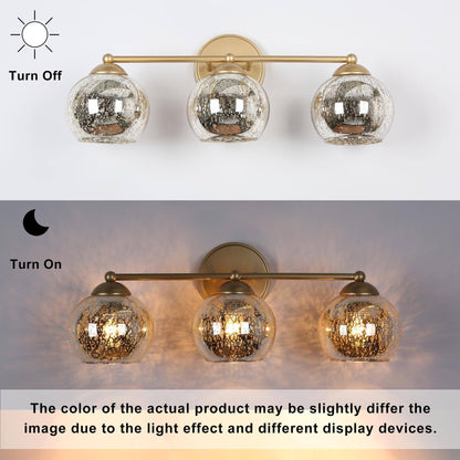 Mid-Century Modern Glam Gold Bathroom Vanity Light 3-Light Wall Lamp with Mercury Glass - 21 L x 7 W x 8 H