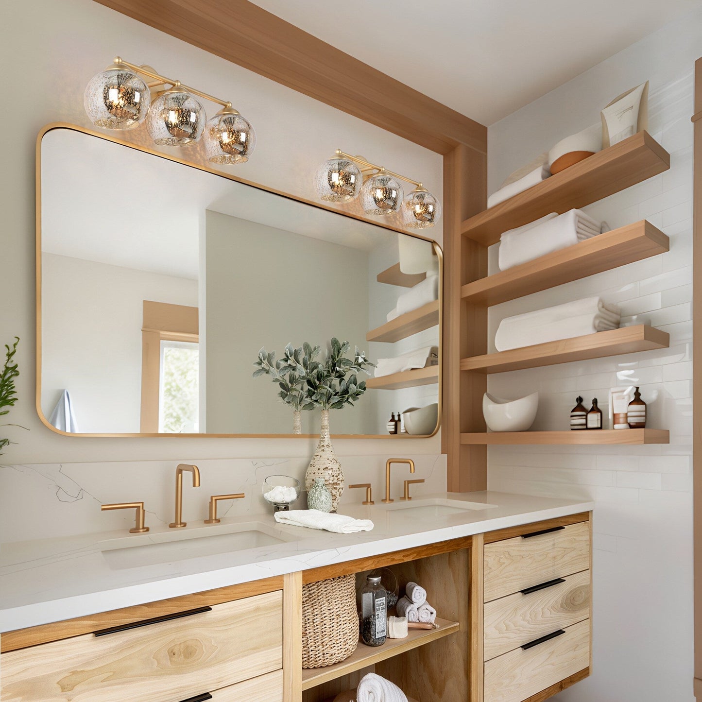 Mid-Century Modern Glam Gold Bathroom Vanity Light 3-Light Wall Lamp with Mercury Glass - 21 L x 7 W x 8 H