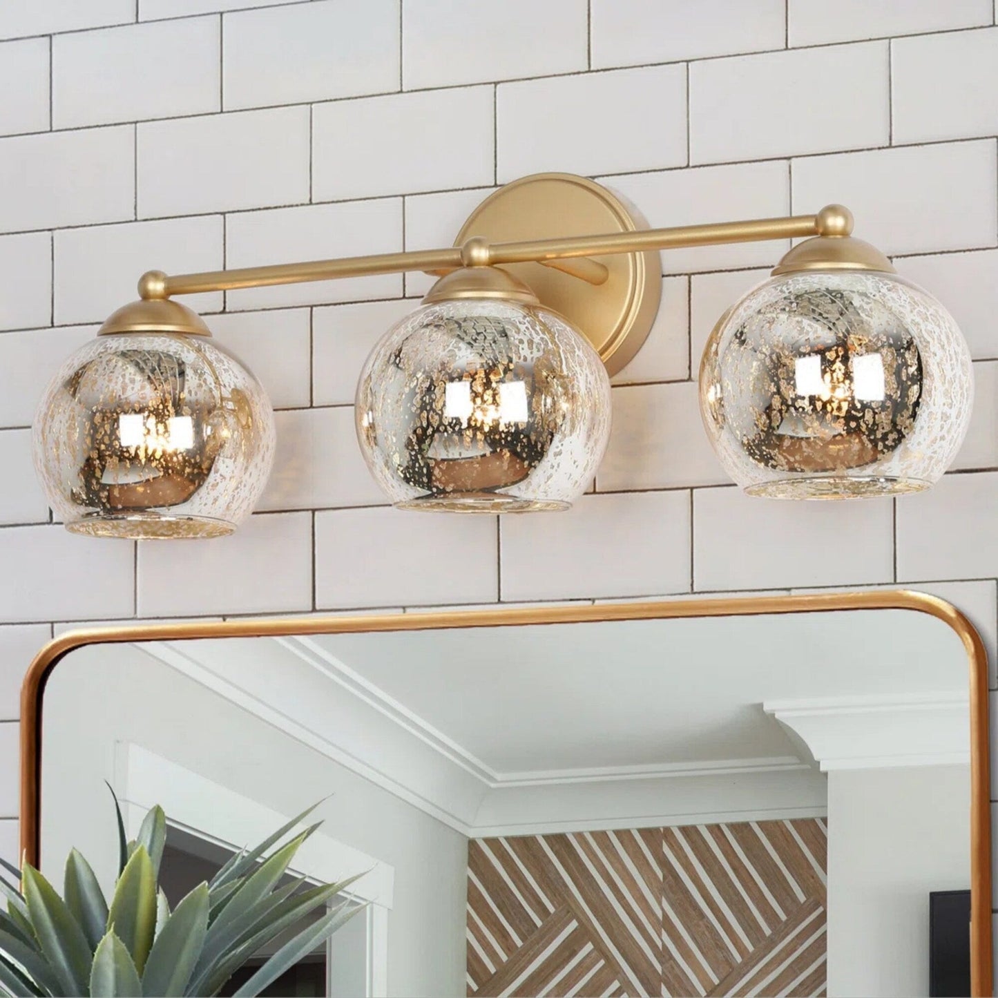 Mid-Century Modern Glam Gold Bathroom Vanity Light 3-Light Wall Lamp with Mercury Glass - 21 L x 7 W x 8 H