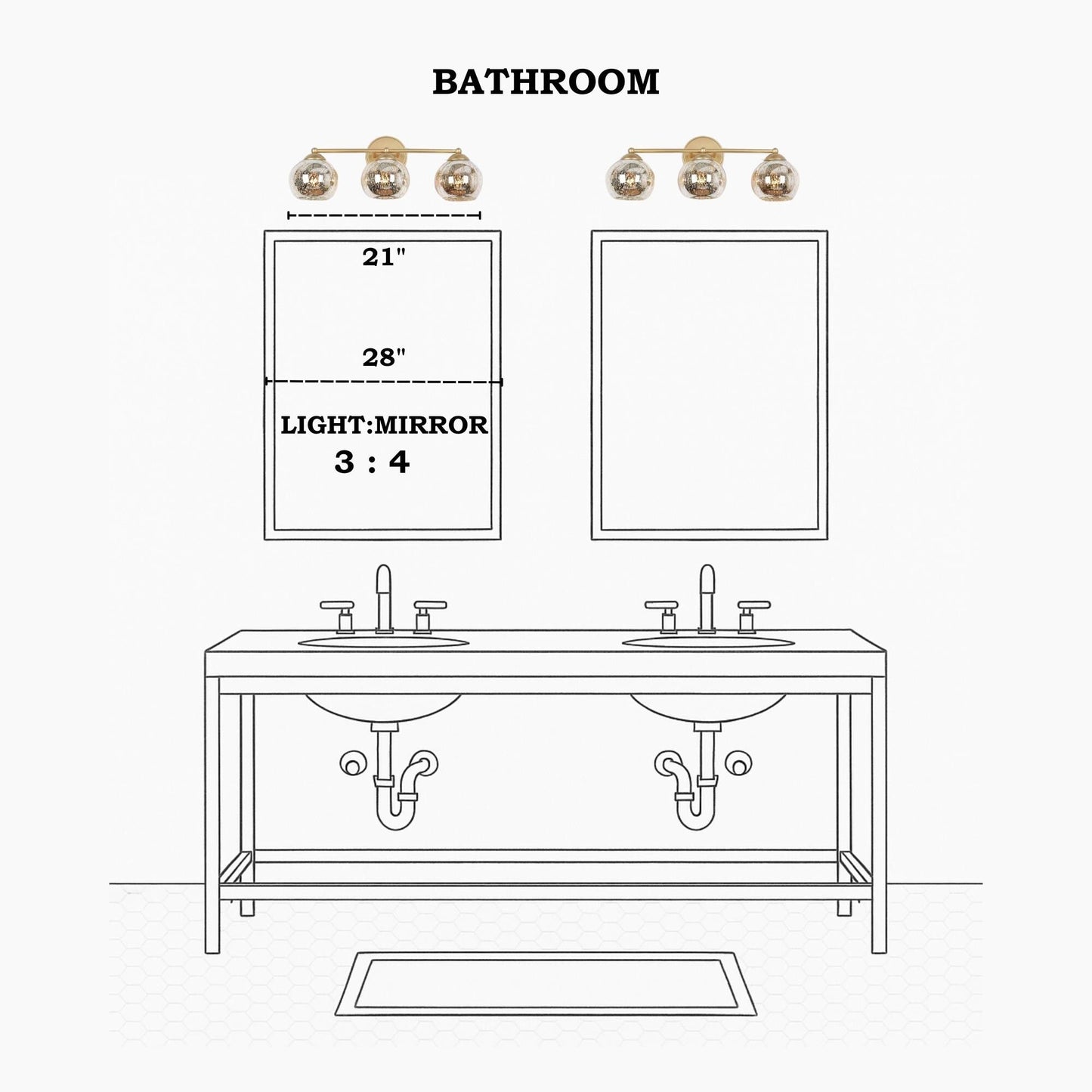 Mid-Century Modern Glam Gold Bathroom Vanity Light 3-Light Wall Lamp with Mercury Glass - 21 L x 7 W x 8 H