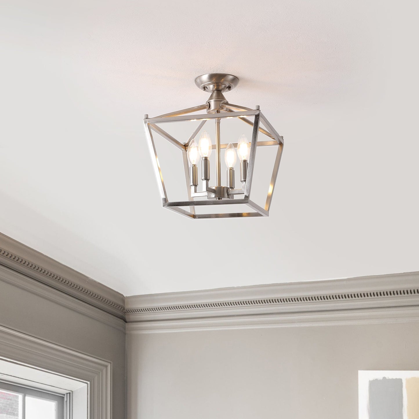 Milton Mini Lantern 4-Light Iron Modern Farmhouse LED Flush Mount, by JONATHAN Y