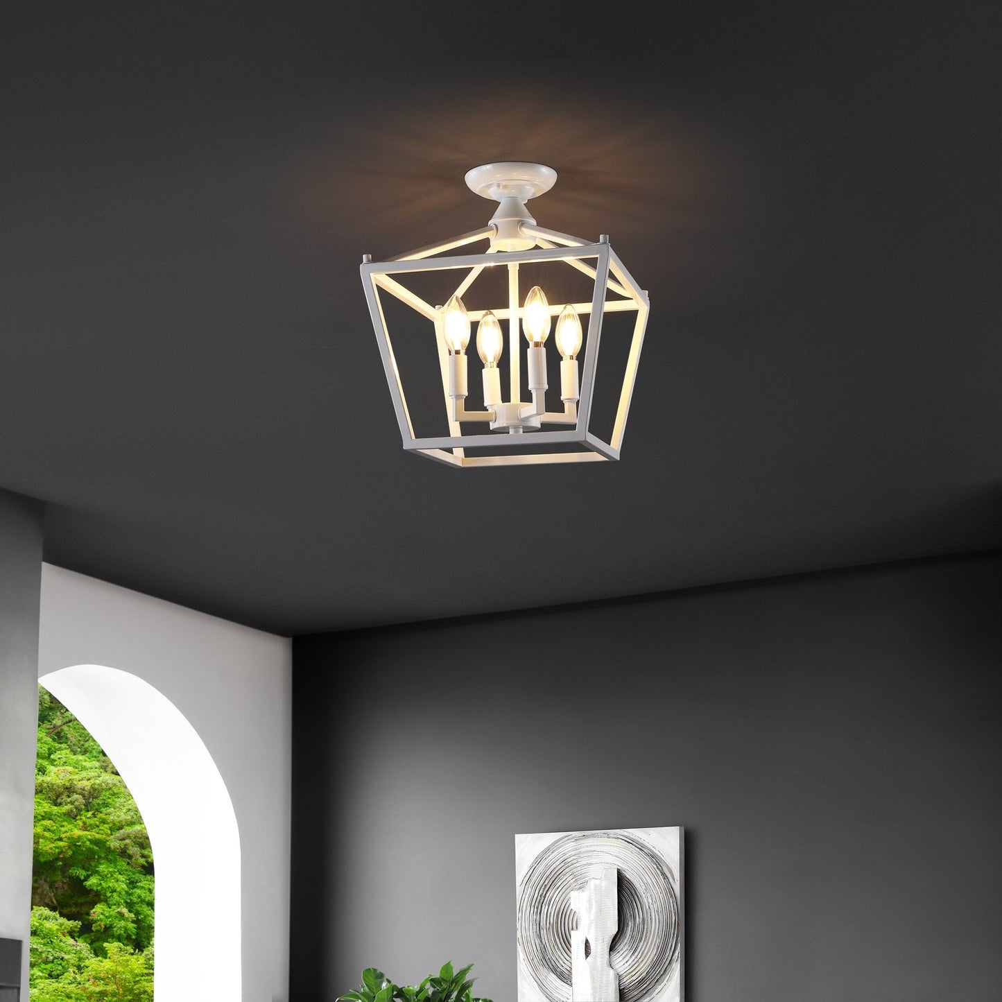 Milton Mini Lantern 4-Light Iron Modern Farmhouse LED Flush Mount, by JONATHAN Y