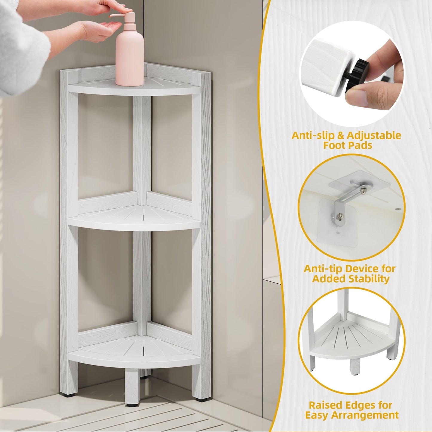 Moasis Bathroom 3-Tier Corner Shelf Corner Stool Poly Lumber Shelf Organizer