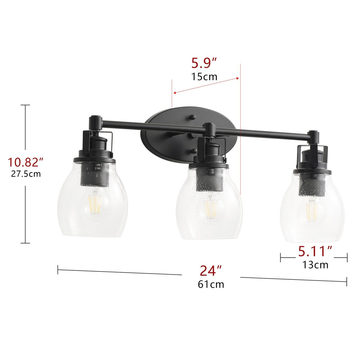 Modern 3-Light Bathroom Vanity Light in Black Finish with Seeded Glass Shade