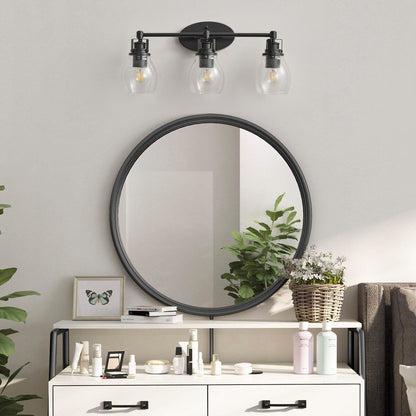 Modern 3-Light Bathroom Vanity Light in Black Finish with Seeded Glass Shade