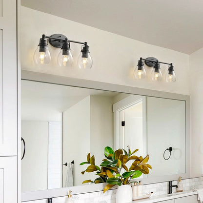 Modern 3-Light Bathroom Vanity Light in Black Finish with Seeded Glass Shade