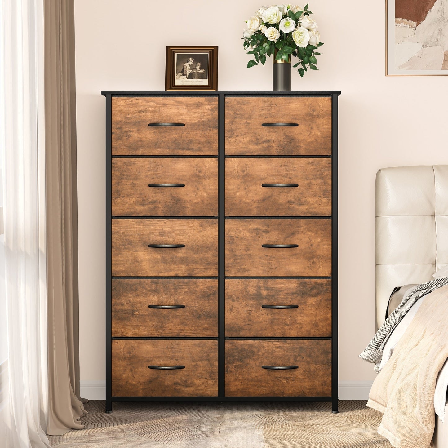 Modern 4/8/10-drawer Bedroom Fabric Dresser Storage Tower with Wood Top