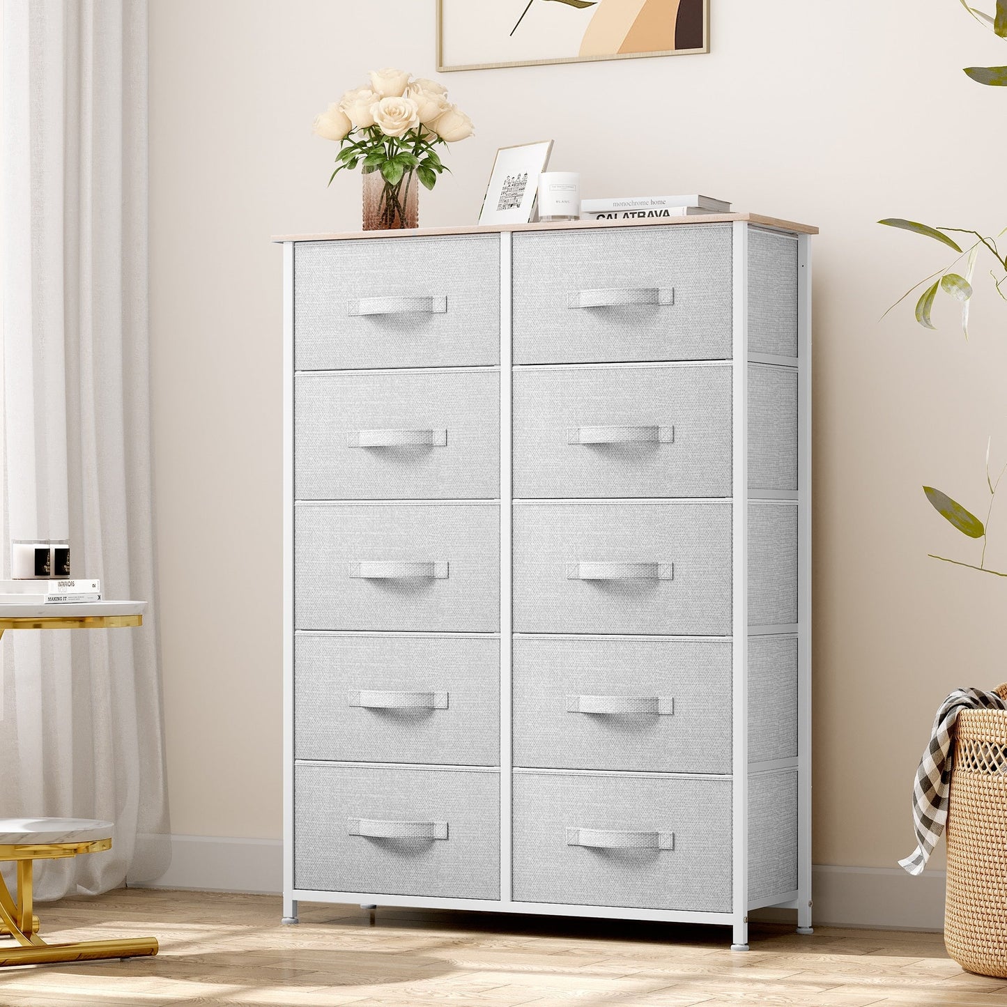 Modern 4/8/10-drawer Bedroom Fabric Dresser Storage Tower with Wood Top