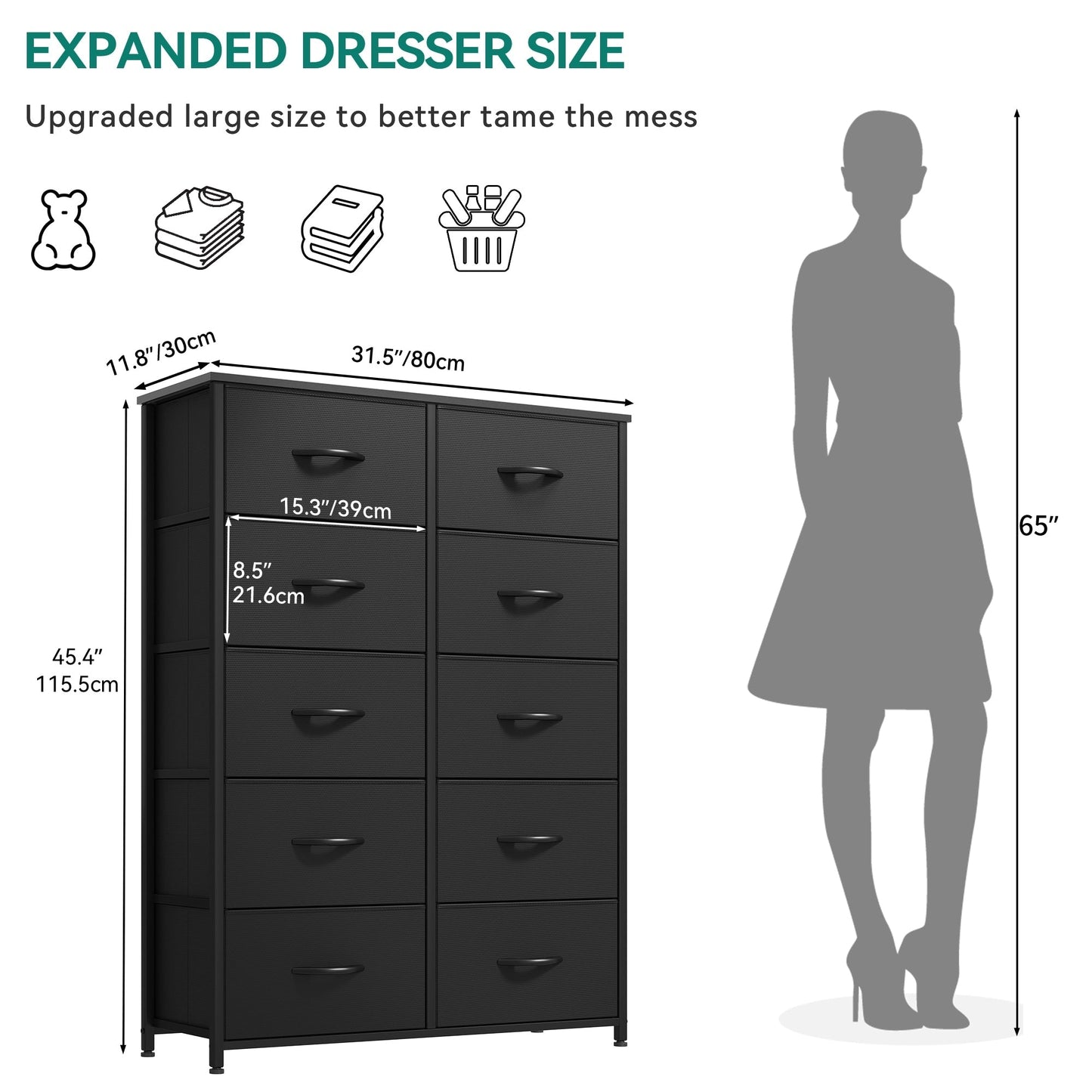 Modern 4/8/10-drawer Bedroom Fabric Dresser Storage Tower with Wood Top