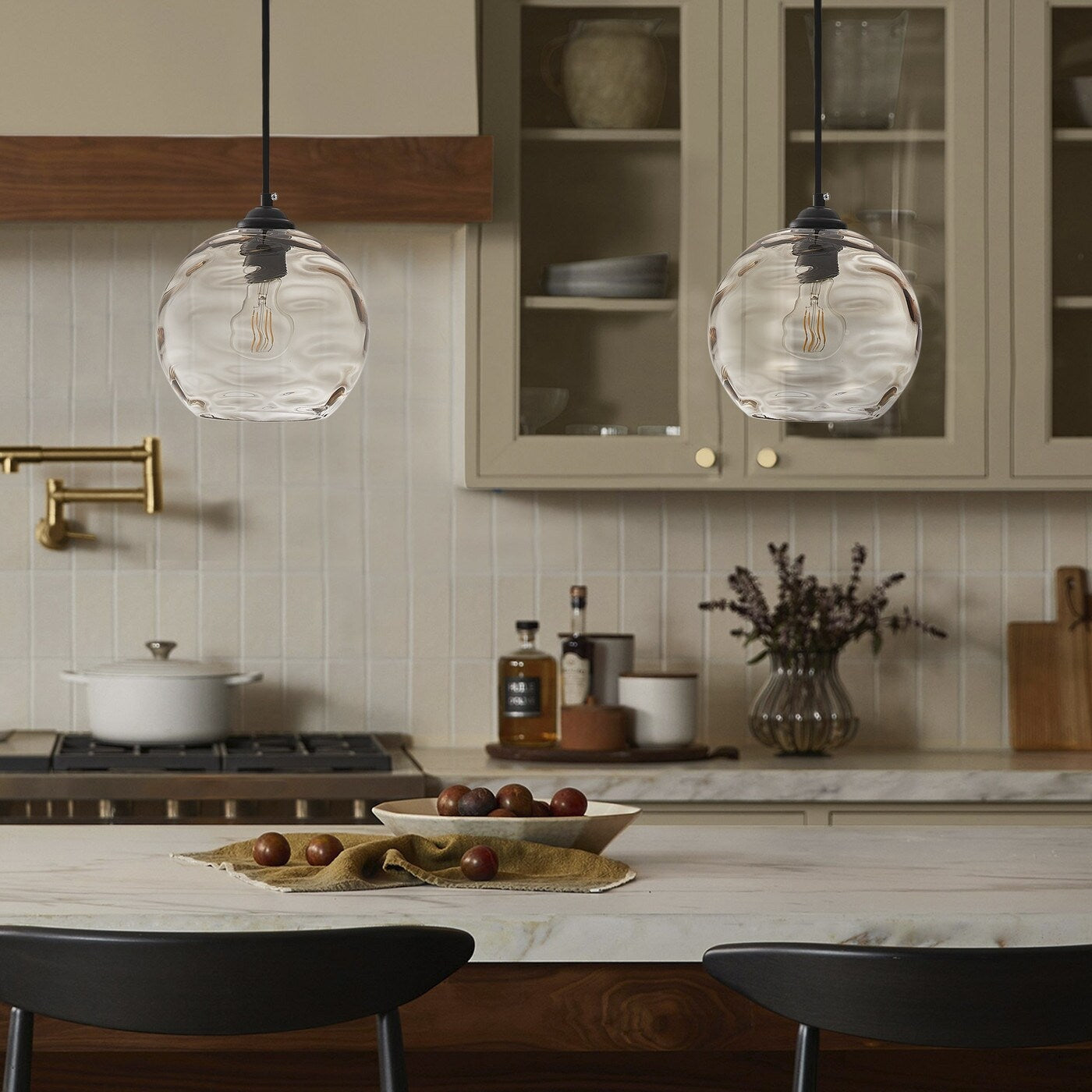 Modern Black 1-Light Clear Water Ripple Glass Shade Hanging Lamp