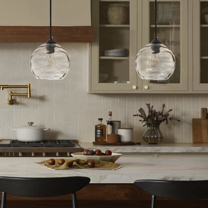 Modern Black 1-Light Clear Water Ripple Glass Shade Hanging Lamp