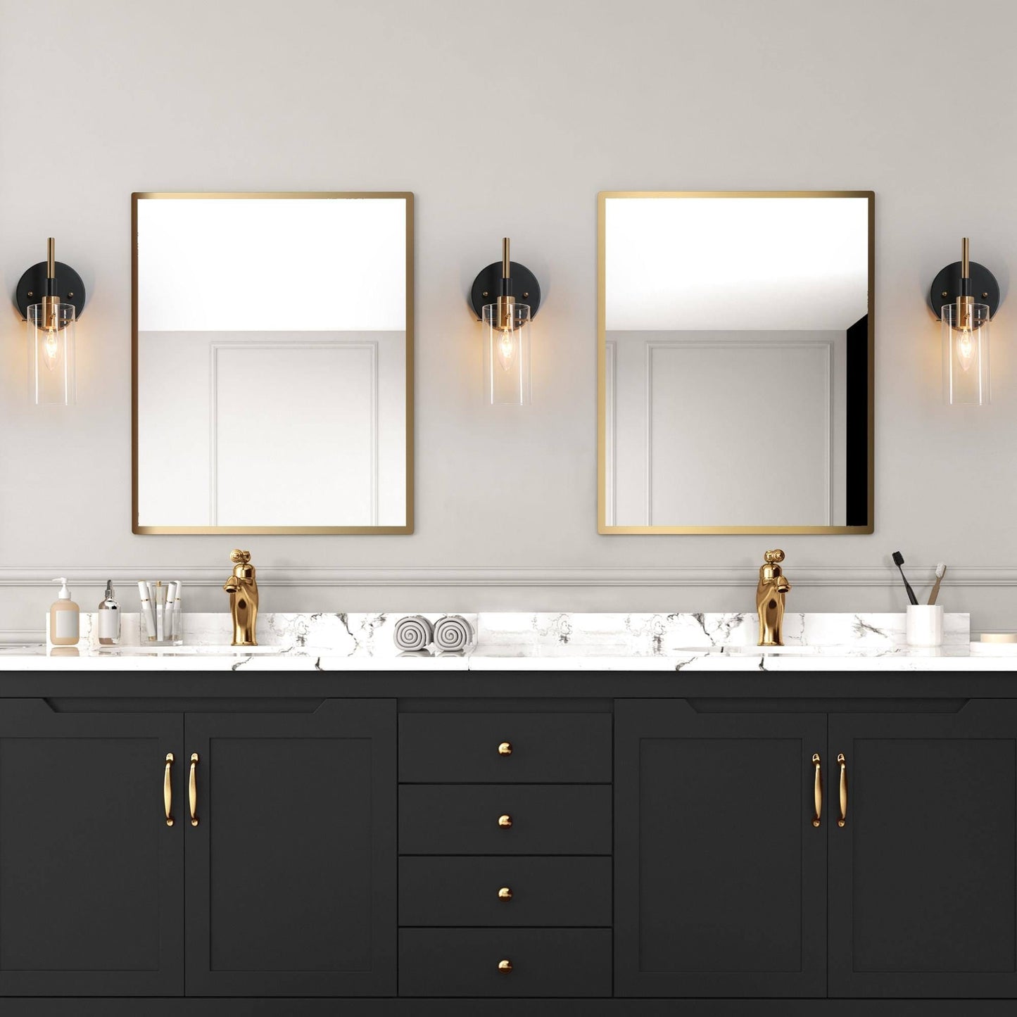 Modern Black Gold Bathroom Vanity Light Dimmable Wall Sconces with Cylinder Clear Glass