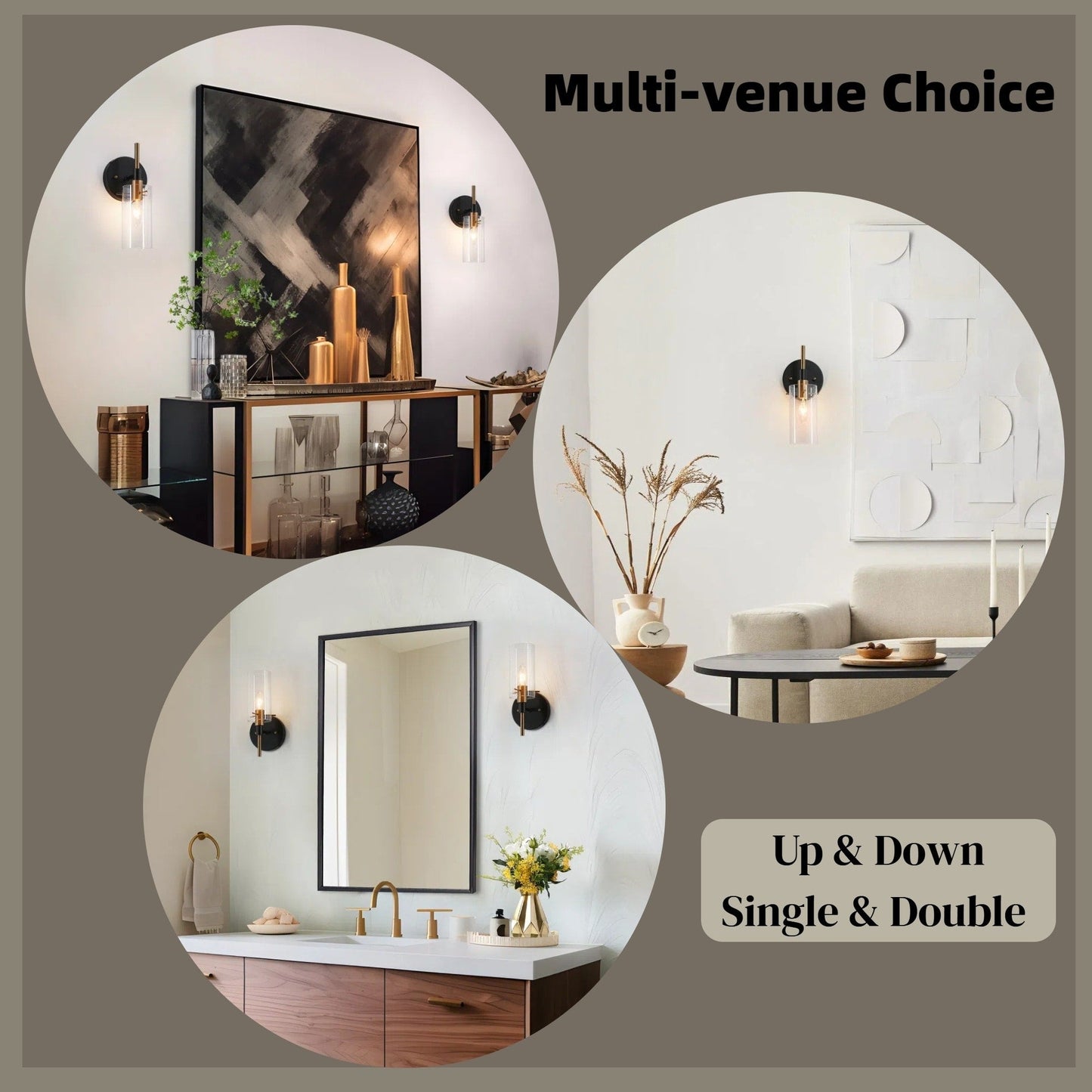 Modern Black Gold Bathroom Vanity Light Dimmable Wall Sconces with Cylinder Clear Glass