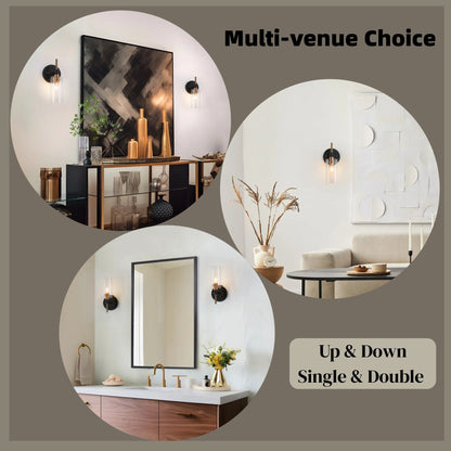 Modern Black Gold Bathroom Vanity Light Dimmable Wall Sconces with Cylinder Clear Glass
