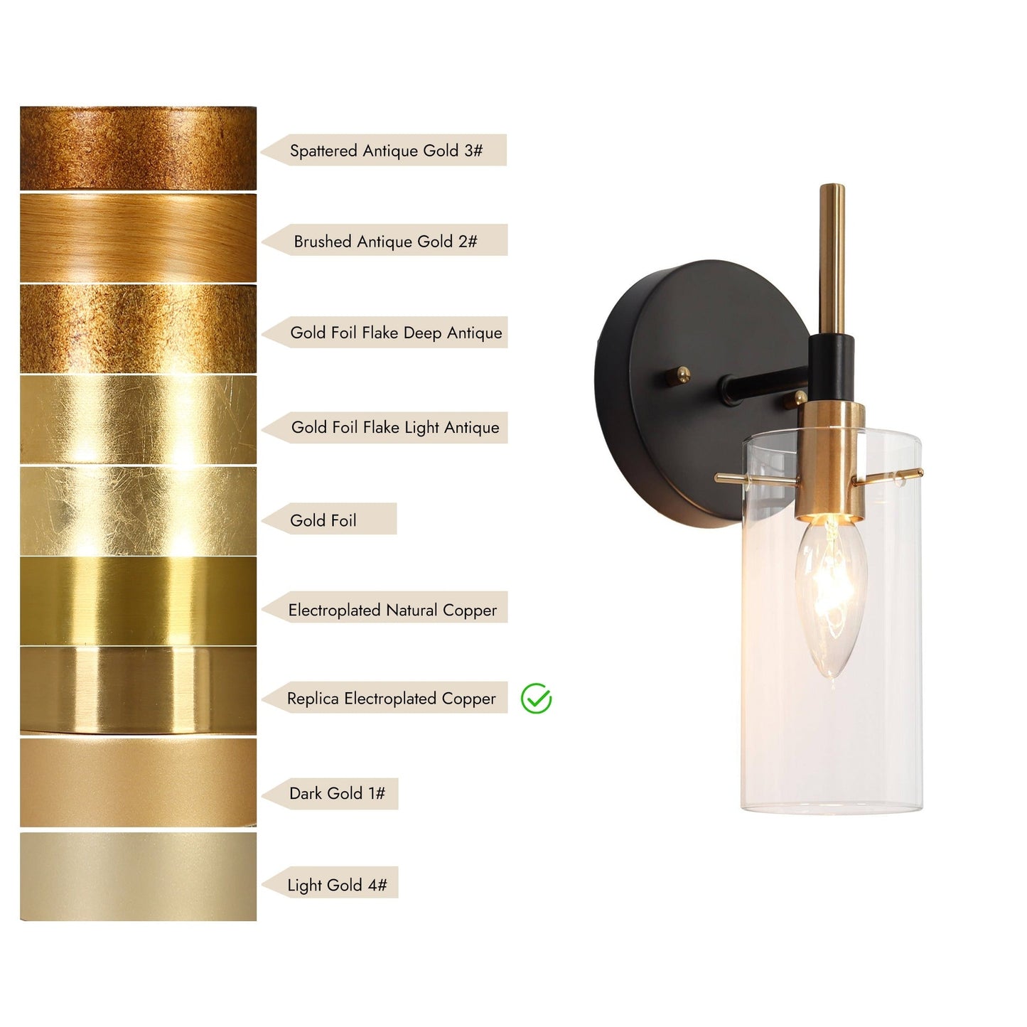 Modern Black Gold Bathroom Vanity Light Dimmable Wall Sconces with Cylinder Clear Glass