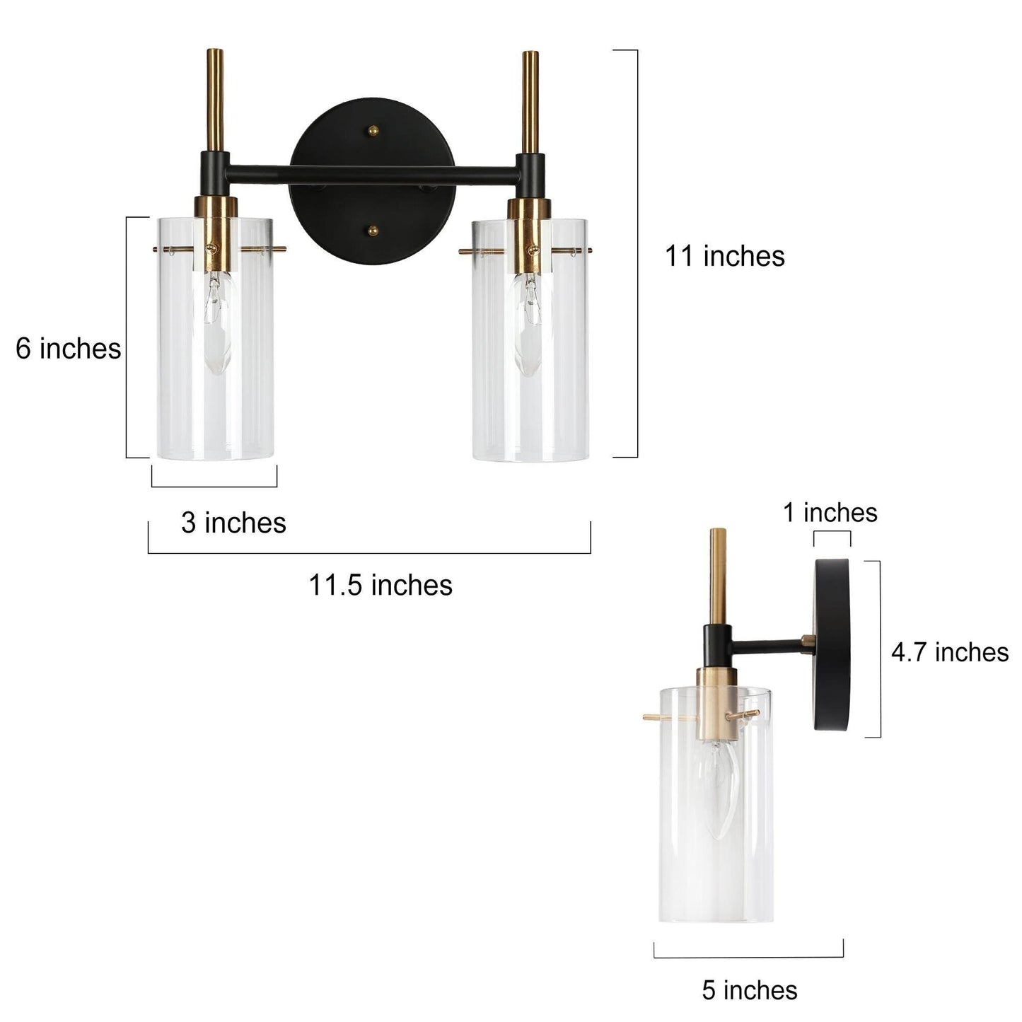 Modern Black Gold Bathroom Vanity Light Dimmable Wall Sconces with Cylinder Clear Glass