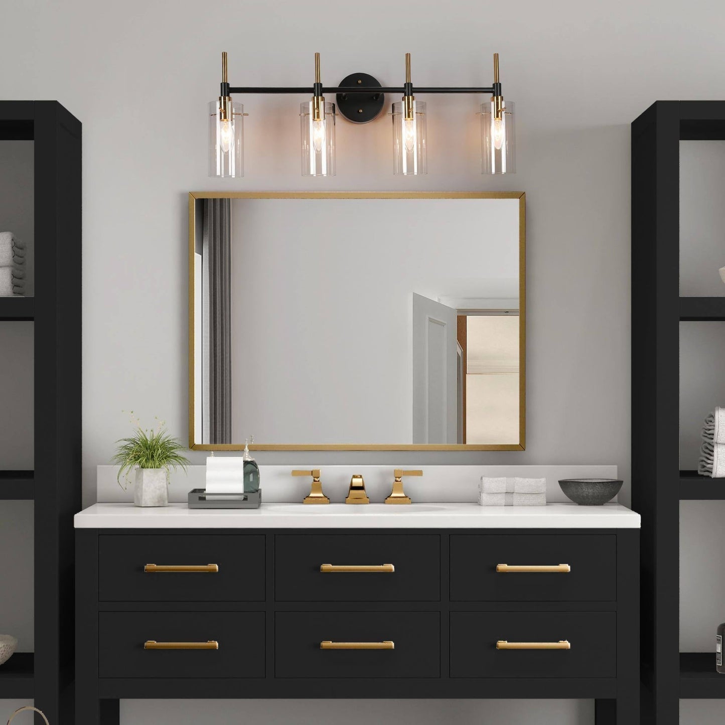 Modern Black Gold Bathroom Vanity Light Dimmable Wall Sconces with Cylinder Clear Glass