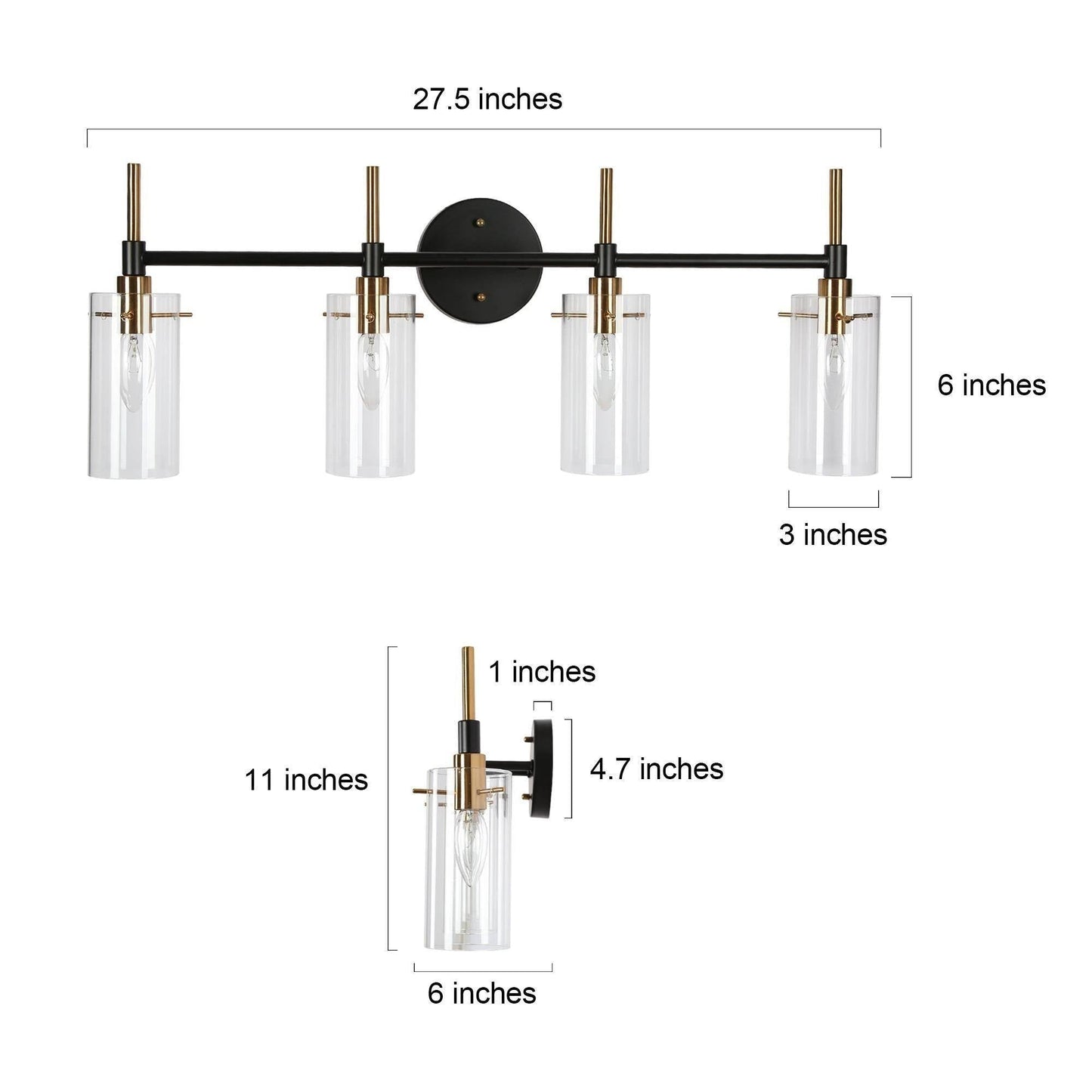 Modern Black Gold Bathroom Vanity Light Dimmable Wall Sconces with Cylinder Clear Glass