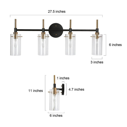 Modern Black Gold Bathroom Vanity Light Dimmable Wall Sconces with Cylinder Clear Glass