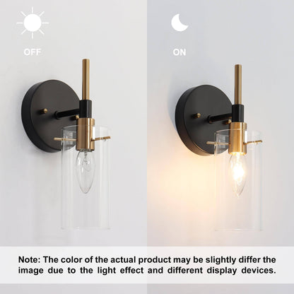 Modern Black Gold Bathroom Vanity Light Dimmable Wall Sconces with Cylinder Clear Glass