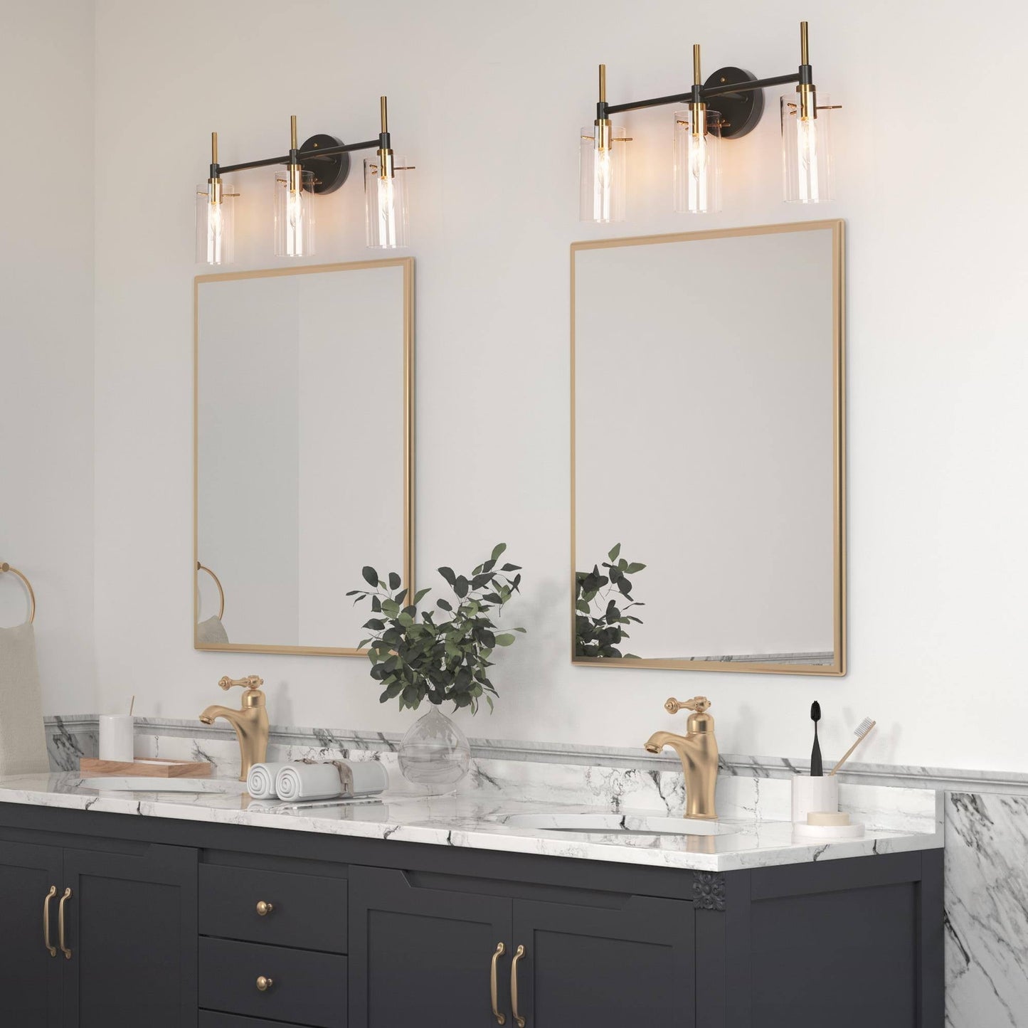 Modern Black Gold Bathroom Vanity Light Dimmable Wall Sconces with Cylinder Clear Glass