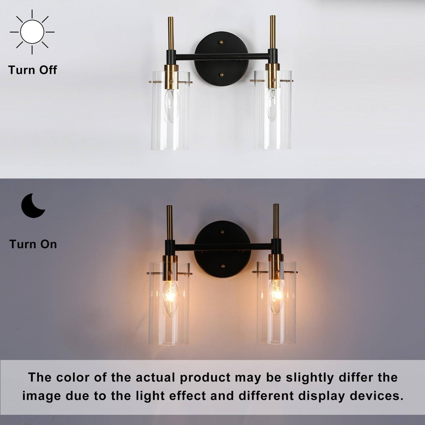 Modern Black Gold Bathroom Vanity Light Dimmable Wall Sconces with Cylinder Clear Glass