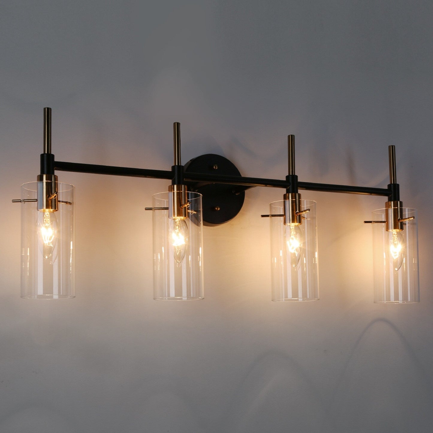 Modern Black Gold Bathroom Vanity Light Dimmable Wall Sconces with Cylinder Clear Glass