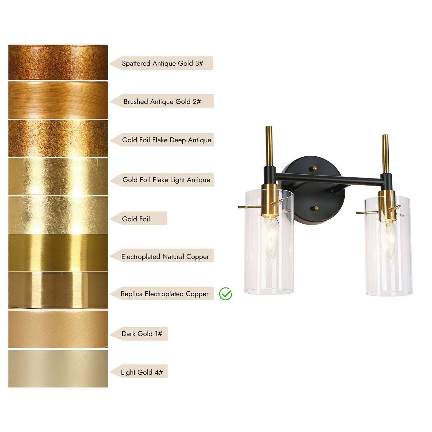 Modern Black Gold Bathroom Vanity Light Dimmable Wall Sconces with Cylinder Clear Glass