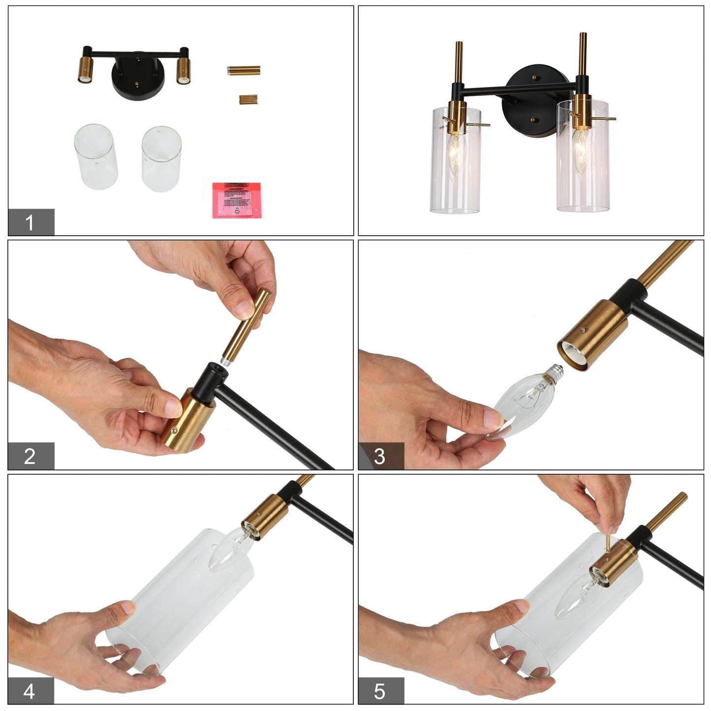 Modern Black Gold Bathroom Vanity Light Dimmable Wall Sconces with Cylinder Clear Glass